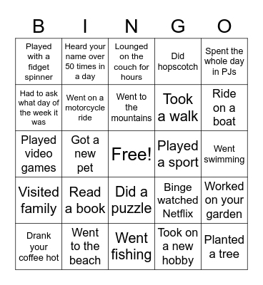 Summer Time Bingo Card