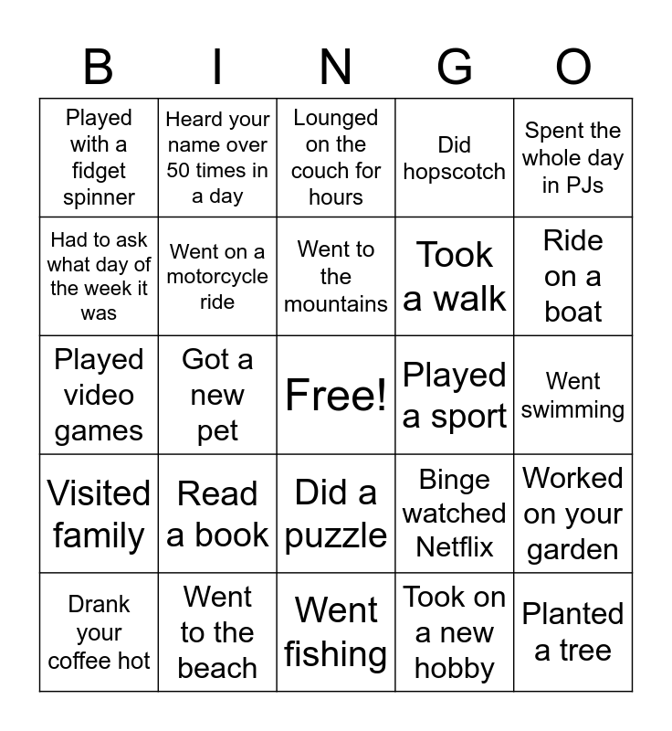 Summer Time Bingo Card