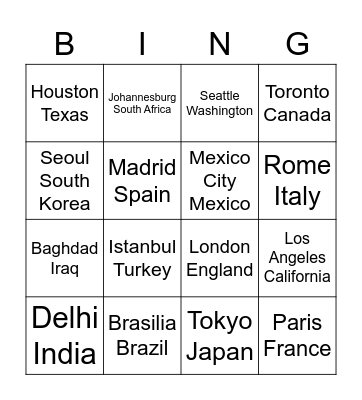 Longitude and Latitude Bing Bingo Card