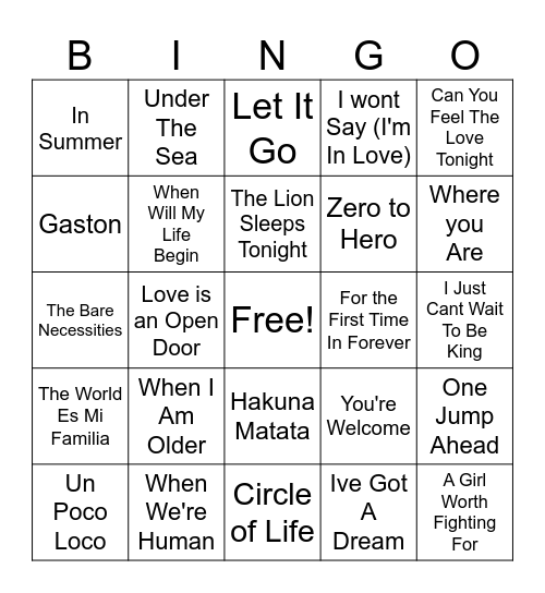 Disney Soundtracks #2 Bingo Card