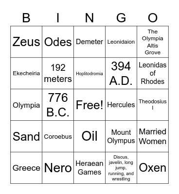 CRC Ancient Olympics Bingo Card