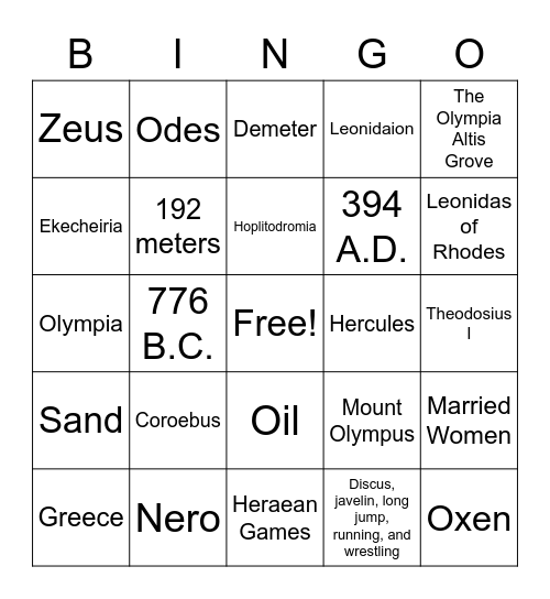 CRC Ancient Olympics Bingo Card