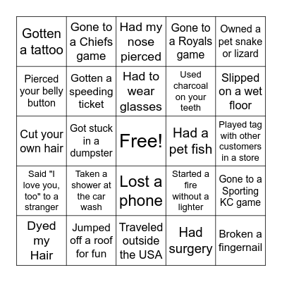 Never Have I Ever... Bingo Card