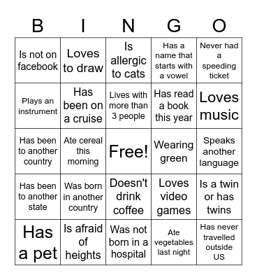 Getting to Know You Bingo Card