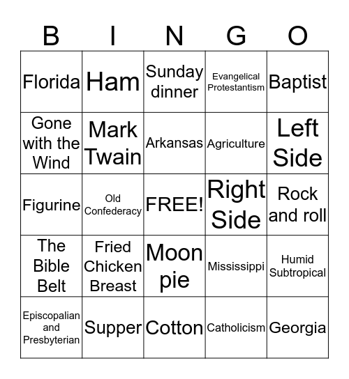 The South Bingo Card