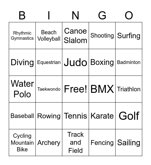 Summer Olympics Bingo Card