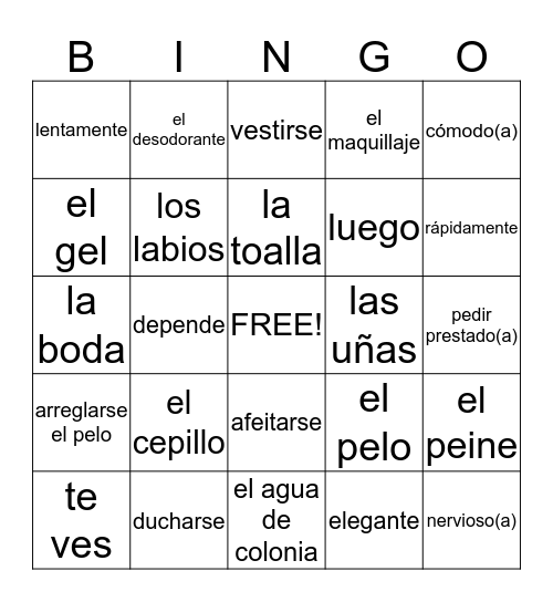 Capitulo 2A Vocabulario Bingo Card
