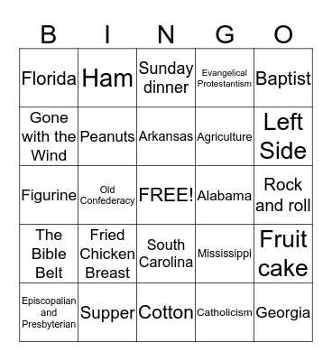 The South Bingo Card