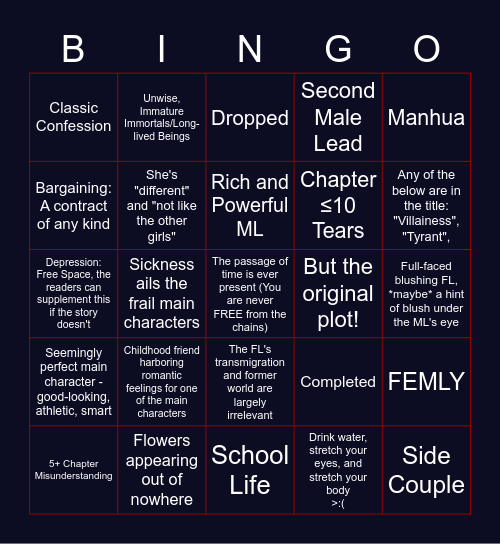 Manga/hua/hwa Shoujo/Josei Tropes Bingo Card