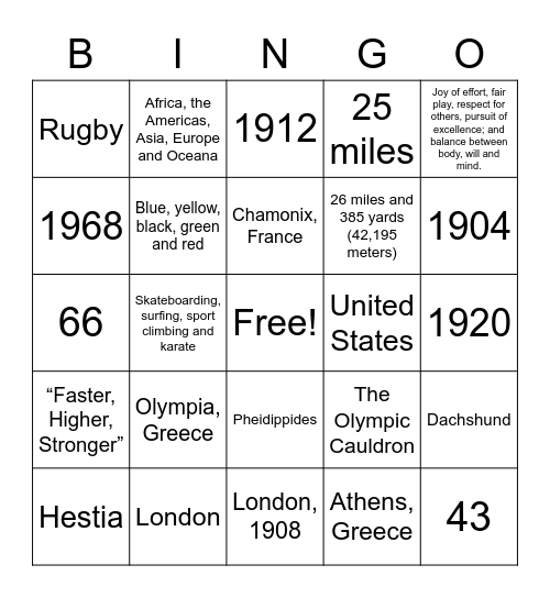 CRC Olympics 1 Bingo Card