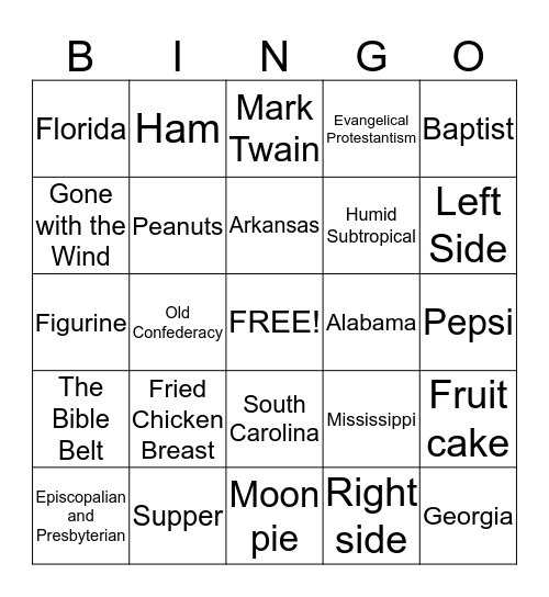 The South Bingo Card