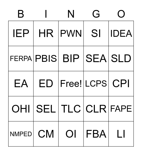 SPED BING Bingo Card