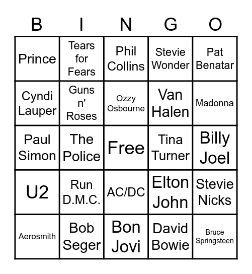 80's Music Bingo Card