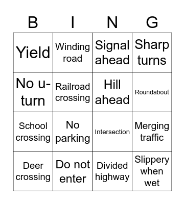 Traffic Signs Ooo Bingo Card