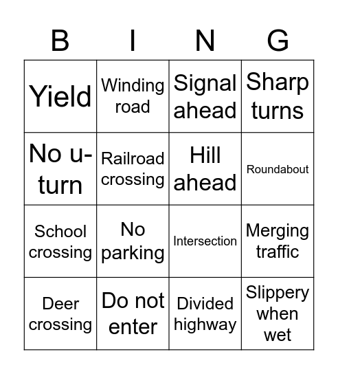 Traffic Signs Ooo Bingo Card