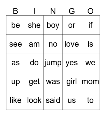 Kinder Sight Words Bingo Card