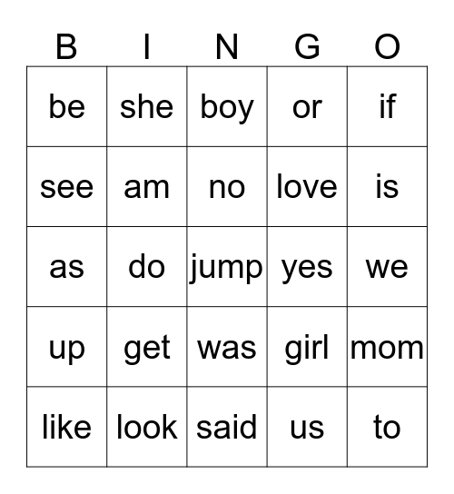 Kinder Sight Words Bingo Card
