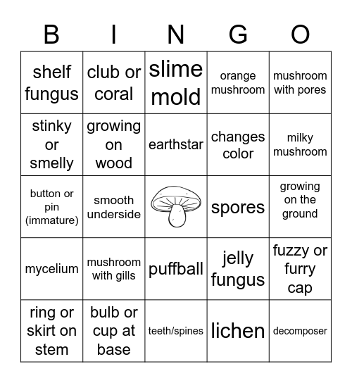 Mushroom & Fungi Bingo Card