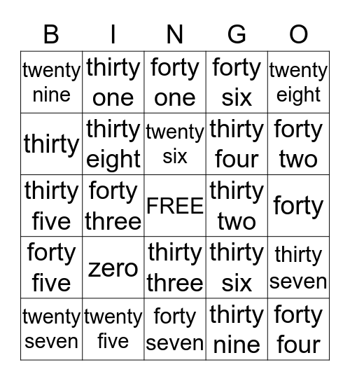 Numbers 0, 25 through 47 Bingo Card