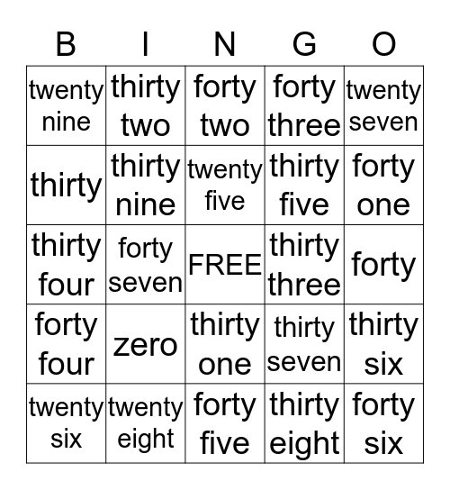 Numbers 0, 25 through 47 Bingo Card