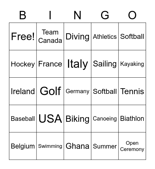 Summer Olympics Bingo Card