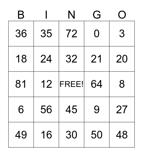 Multiplication Bingo Card