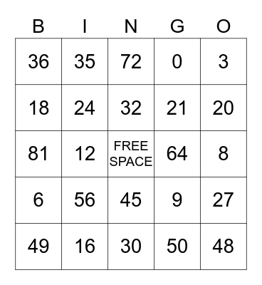 Multiplication Bingo Card