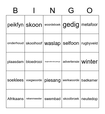 Afrikaans Bingo Card