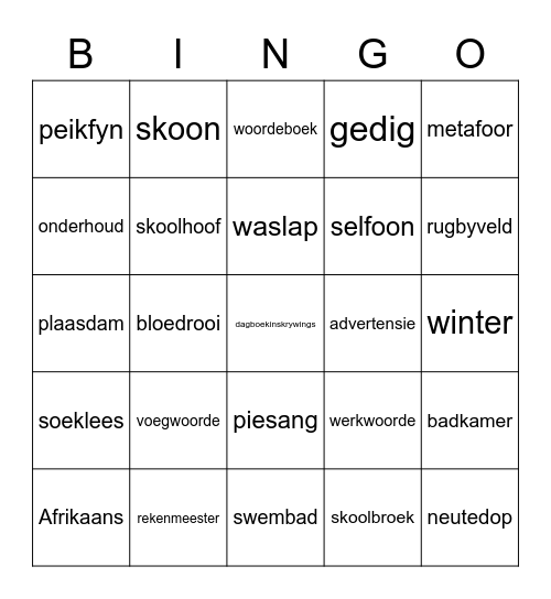 Afrikaans Bingo Card