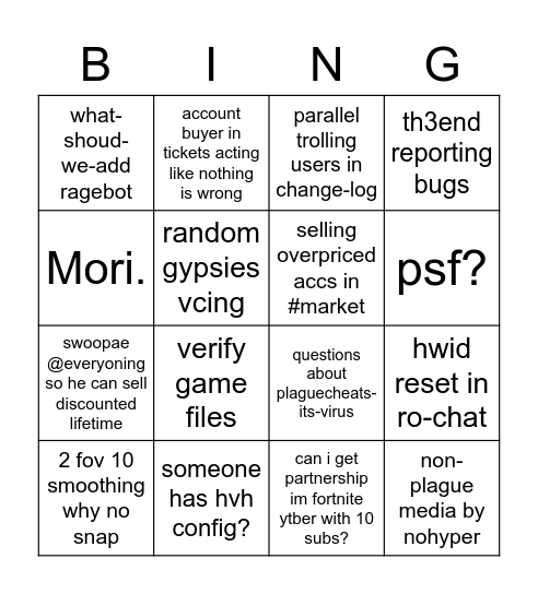 PlagueCheats.CC Bingo Card