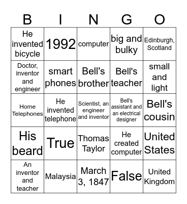 ALEXANDER GRAHAM BELL Bingo Card