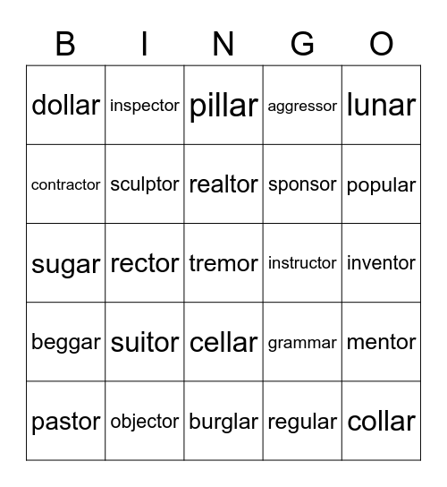 or = /er/ & ar = /er/ Bingo Card