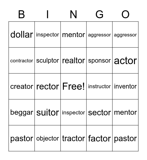 or = /er/ Bingo Card