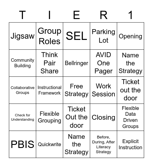 Tier I Strong Bingo Card