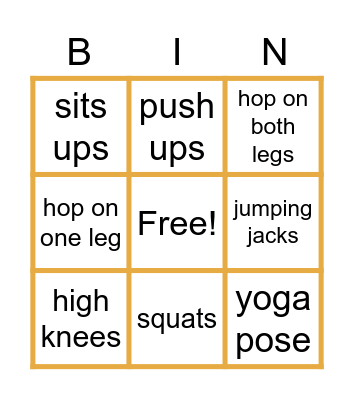 Physical Activity Bingo Card