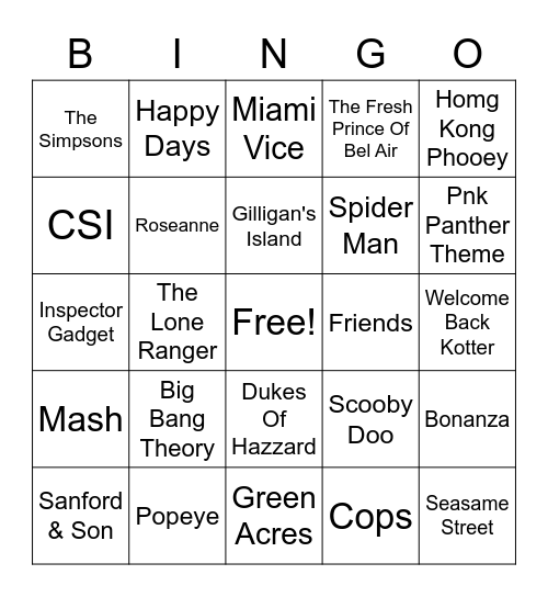 TV Theme Songs Bingo Card