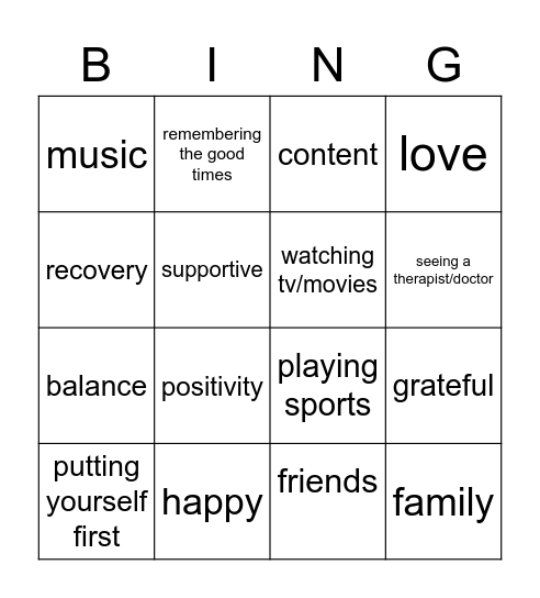 Building Positive Emotions Bingo Card
