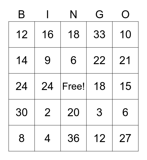 2's and 3's Bingo Card