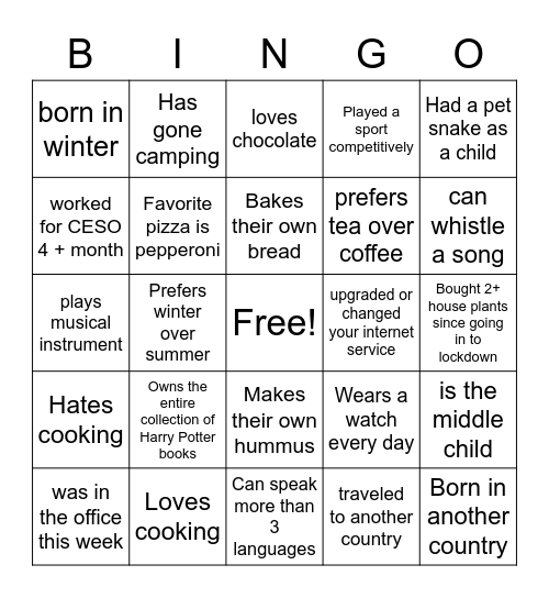 2 - Get to Know Bingo Card