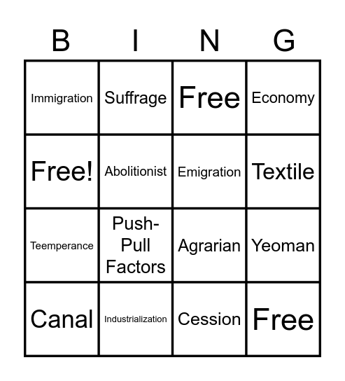 Sectionalism and Reform (1790's-1850's) Bingo Card