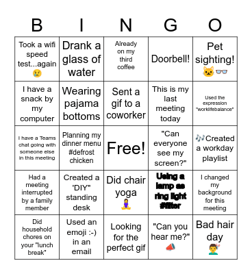 Remote Work Bingo Card