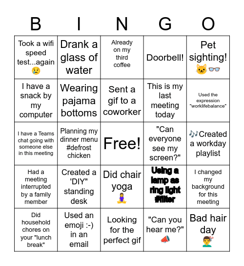 Remote Work Bingo Card