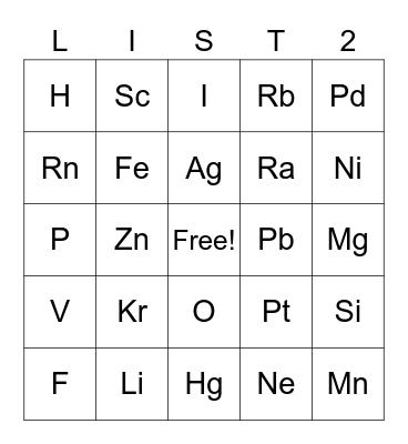 List 2 Element Bingo Card