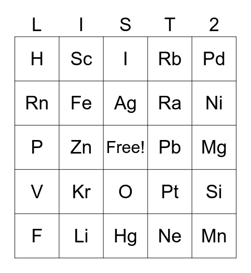 List 2 Element Bingo Card