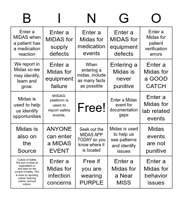 All Things Midas Bingo Card