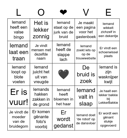 Kaj & Charley's Bruiloft Bingo Card