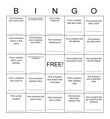 Classmate Bingo Card