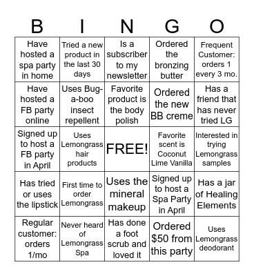 Lemongrass Spa April FB Party Bingo Card