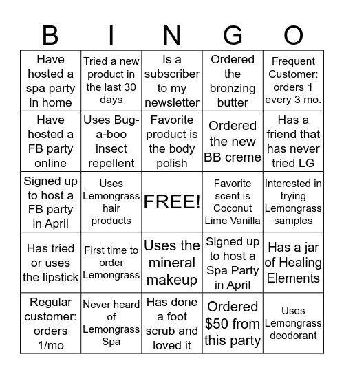 Lemongrass Spa April FB Party Bingo Card