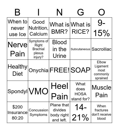 Sports Med Bingo Card